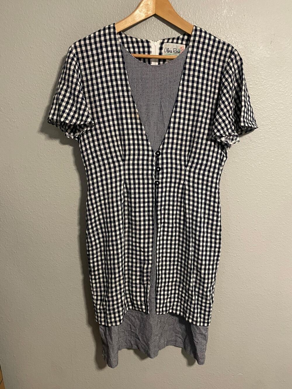 Vintage Womens Midi Shift Dress Size 8 Blue Gingham Casual Cottagecore Summer